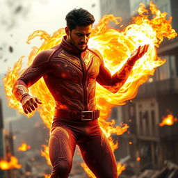 An Indian superhero in a fire-resistant skinny suit, demonstrating his incredible fire powers with flames swirling around him, as he harnesses his full potential