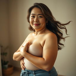 A portrait of a beautiful, curvy Japanese woman in her mature age, confidently embracing her body and exuding a sense of empowerment and beauty