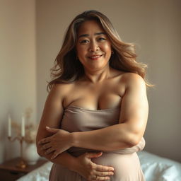 A portrait of a beautiful, curvy Japanese woman in her mature age, confidently embracing her body and exuding a sense of empowerment and beauty