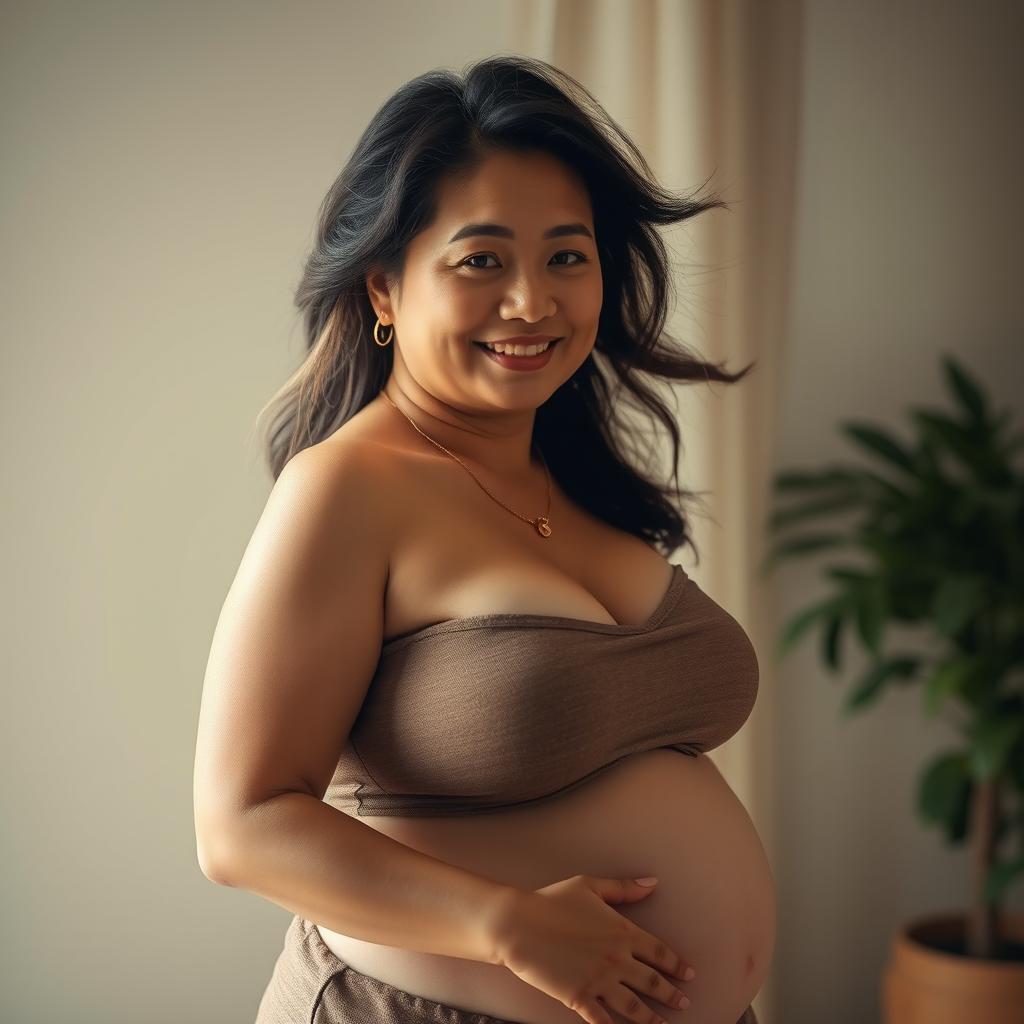 A portrait of a beautiful, curvy Japanese woman in her mature age, confidently embracing her body and exuding a sense of empowerment and beauty