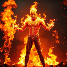 An Indian superhero showcasing spectacular fire powers, wearing a sleek, skinny suit designed for sci-fi aesthetics, embodying the essence of resilience against flames