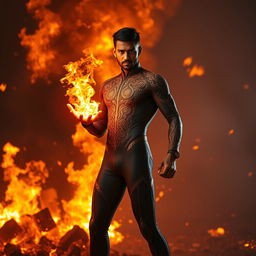 An Indian superhero showcasing spectacular fire powers, wearing a sleek, skinny suit designed for sci-fi aesthetics, embodying the essence of resilience against flames