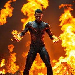 An Indian superhero showcasing spectacular fire powers, wearing a sleek, skinny suit designed for sci-fi aesthetics, embodying the essence of resilience against flames