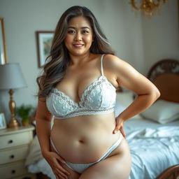 A portrait of a curvy, mature Japanese woman wearing elegant white lingerie, radiating confidence and sensuality