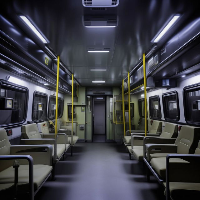 The interior of a penitentiary bus, characterized by its individual high-security compartments, camera surveillance systems, and sturdy, minimalistic seating.