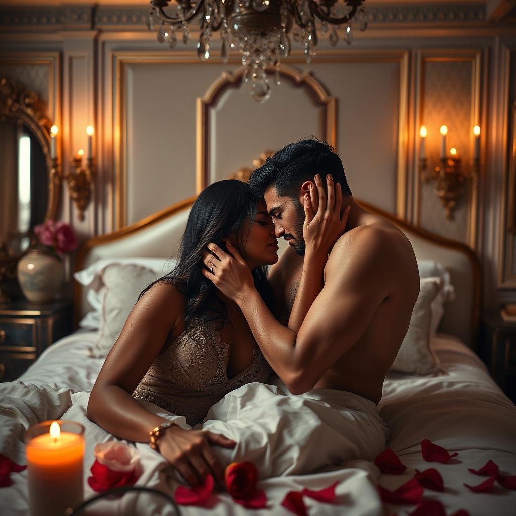 An intense, passionate couple engaged in an intimate moment, showcasing deep connection and chemistry, with soft lighting and a warm color palette that enhances the emotion of the scene