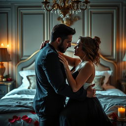 An intense, passionate couple engaged in an intimate moment, showcasing deep connection and chemistry, with soft lighting and a warm color palette that enhances the emotion of the scene