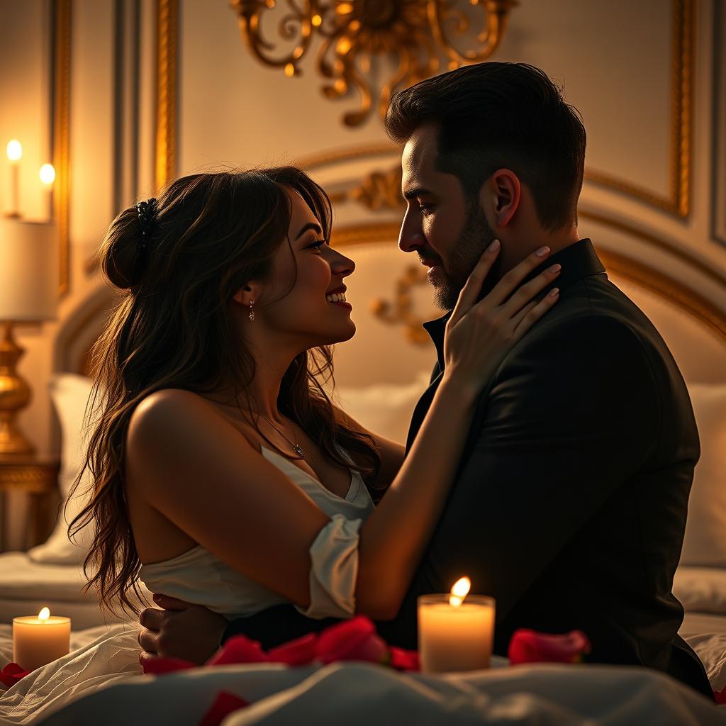 An intense, passionate couple engaged in an intimate moment, showcasing deep connection and chemistry, with soft lighting and a warm color palette that enhances the emotion of the scene