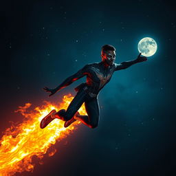 An Indian superhero flying through the night sky, showcasing impressive fire powers while wearing a sleek, skinny suit designed for sci-fi aesthetics and engineered for fire resistance