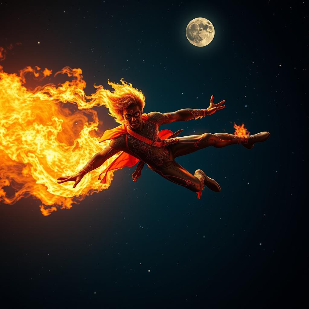 An Indian superhero flying through the night sky, showcasing impressive fire powers while wearing a sleek, skinny suit designed for sci-fi aesthetics and engineered for fire resistance