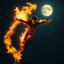 An Indian superhero flying through the night sky, showcasing impressive fire powers while wearing a sleek, skinny suit designed for sci-fi aesthetics and engineered for fire resistance