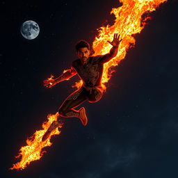 An Indian superhero flying through the night sky, showcasing impressive fire powers while wearing a sleek, skinny suit designed for sci-fi aesthetics and engineered for fire resistance