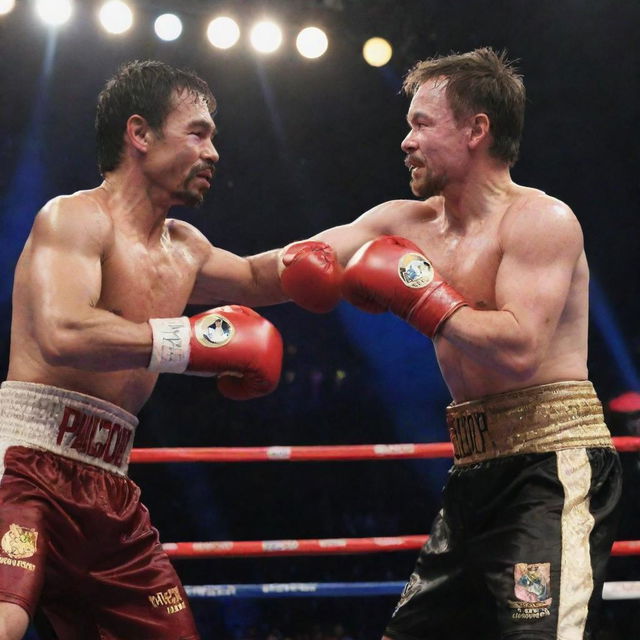 Manny Pacquiao and Elon Musk in a friendly boxing match, both wearing gloves and boxing trunks, in a boxing ring filled with spectators, under bright lights.