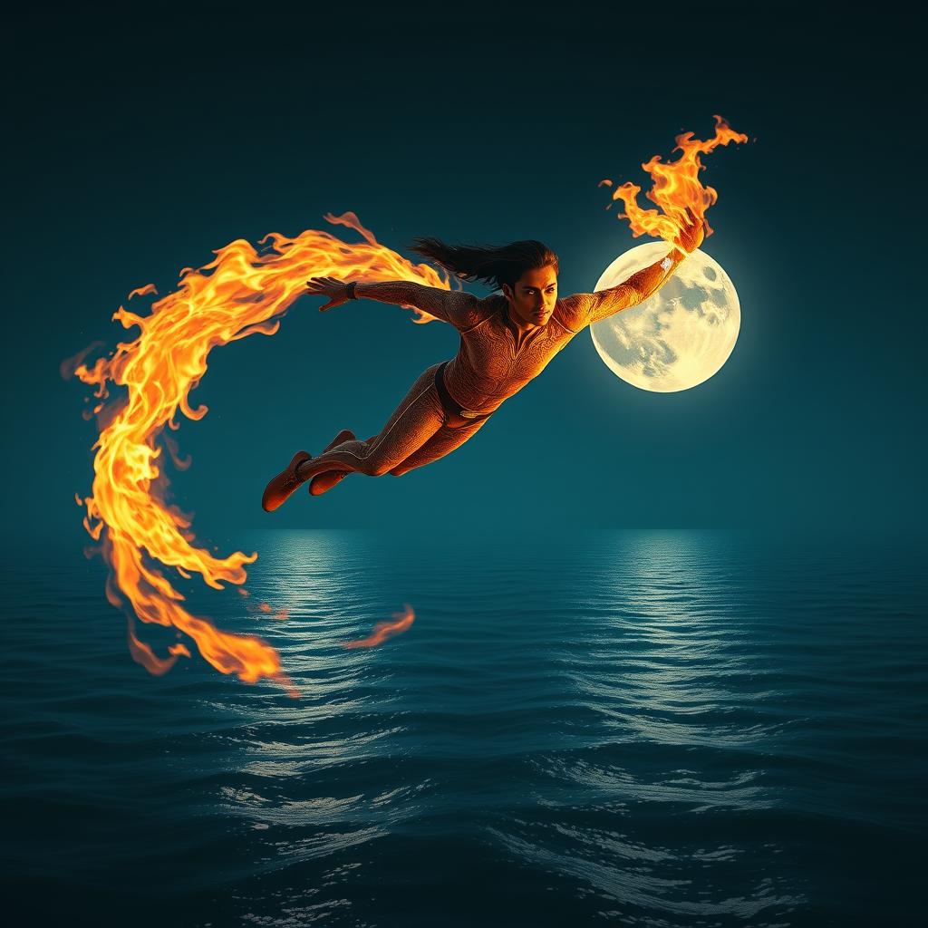 An Indian superhero flying over the sea at night, demonstrating incredible fire powers while wearing a sleek, fire-resistant skinny suit designed with Indian cultural elements