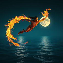 An Indian superhero flying over the sea at night, demonstrating incredible fire powers while wearing a sleek, fire-resistant skinny suit designed with Indian cultural elements