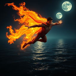 An Indian superhero flying over the sea at night, demonstrating incredible fire powers while wearing a sleek, fire-resistant skinny suit designed with Indian cultural elements