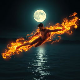 An Indian superhero flying over the sea at night, demonstrating incredible fire powers while wearing a sleek, fire-resistant skinny suit designed with Indian cultural elements