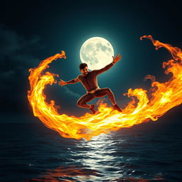 An Indian superhero flying over the sea at night, demonstrating incredible fire powers while wearing a sleek, fire-resistant skinny suit designed with Indian cultural elements