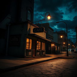 A cinematic book cover for an eBook showcasing a dilapidated cafe on a dark, moody street