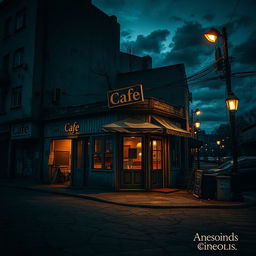 A cinematic book cover for an eBook showcasing a dilapidated cafe on a dark, moody street