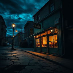 A cinematic book cover for an eBook showcasing a dilapidated cafe on a dark, moody street