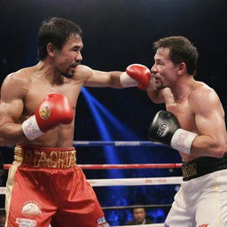 Manny Pacquiao and Elon Musk in a friendly boxing match, both wearing gloves and boxing trunks, in a boxing ring filled with spectators, under bright lights.