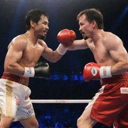 Manny Pacquiao and Elon Musk in a friendly boxing match, both wearing gloves and boxing trunks, in a boxing ring filled with spectators, under bright lights.