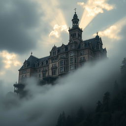 A giant sanatorium boasting Victorian architectural aesthetics, majestically perched atop a mountain amidst a climate of dense fog and gray, cloudy skies