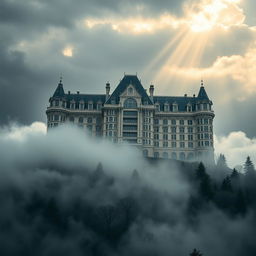 A giant sanatorium boasting Victorian architectural aesthetics, majestically perched atop a mountain amidst a climate of dense fog and gray, cloudy skies