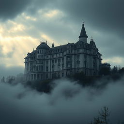 A giant sanatorium boasting Victorian architectural aesthetics, majestically perched atop a mountain amidst a climate of dense fog and gray, cloudy skies