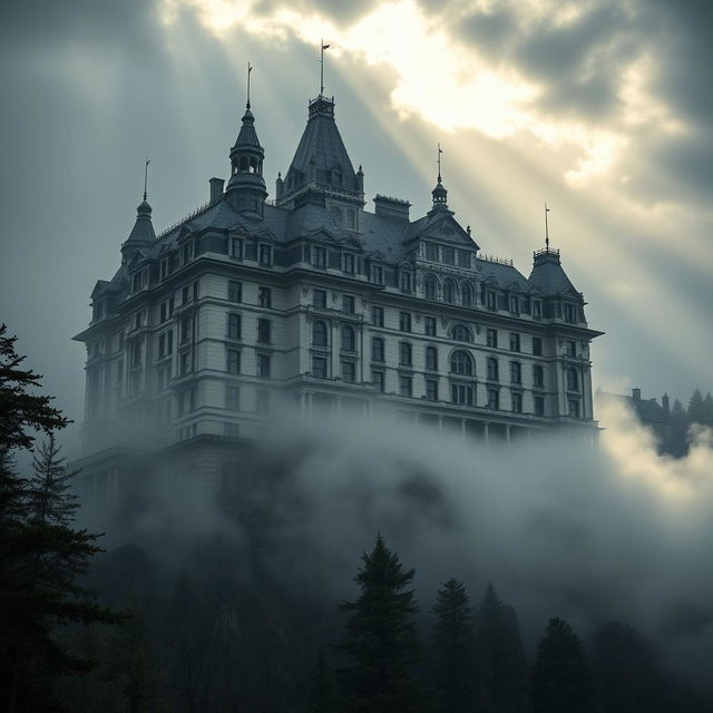 A giant sanatorium boasting Victorian architectural aesthetics, majestically perched atop a mountain amidst a climate of dense fog and gray, cloudy skies