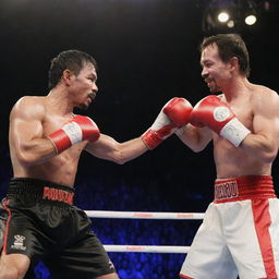 Manny Pacquiao and Elon Musk in a friendly boxing match, both wearing gloves and boxing trunks, in a boxing ring filled with spectators, under bright lights.