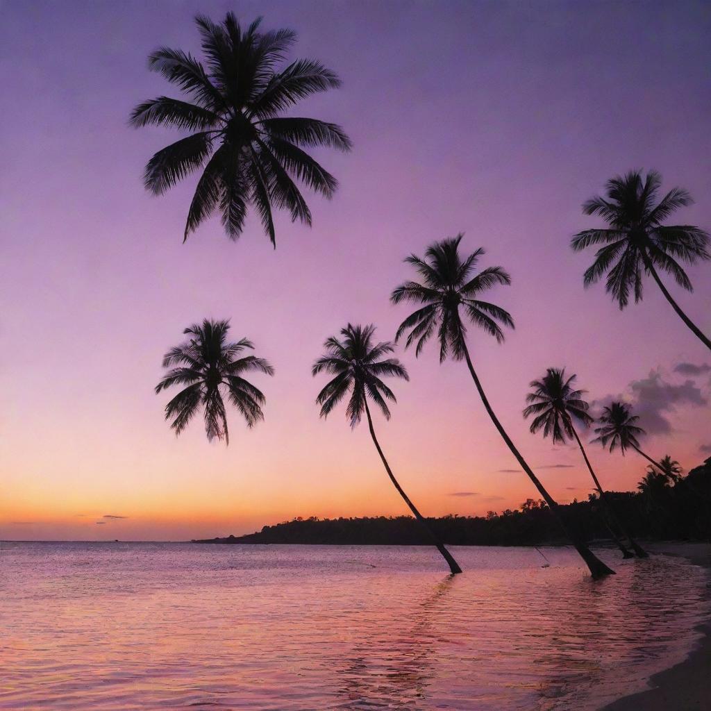 A sunset over a calm ocean, with silhouettes of tropical palm trees at the shoreline. The sky is ablaze with the colors of dusk: shades of pink, orange, and violet creating a stunning contrast against the darkening blue.