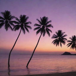 A sunset over a calm ocean, with silhouettes of tropical palm trees at the shoreline. The sky is ablaze with the colors of dusk: shades of pink, orange, and violet creating a stunning contrast against the darkening blue.