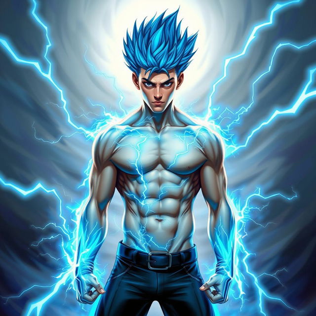 A slim, buff young man with striking blue electric long spiky hair that appears to be alive with energy