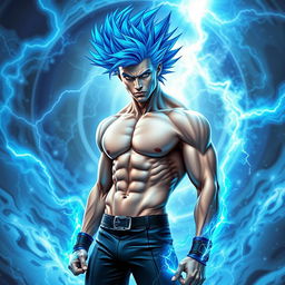 A slim, buff young man with striking blue electric long spiky hair that appears to be alive with energy