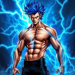 A slim, buff young man with striking blue electric long spiky hair that appears to be alive with energy