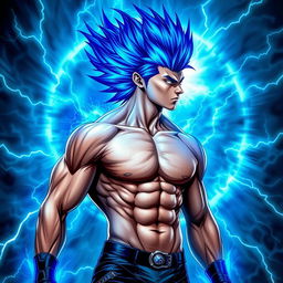 A slim, buff young man with striking blue electric long spiky hair that appears to be alive with energy