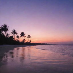 A sunset over a calm ocean, with silhouettes of tropical palm trees at the shoreline. The sky is ablaze with the colors of dusk: shades of pink, orange, and violet creating a stunning contrast against the darkening blue.