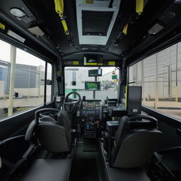 The interior of a penitentiary bus driver's cabin, featuring high-tech security dashboard, reinforced driver's seat, and an advanced feedback system to monitor the onboard prisoner compartments.