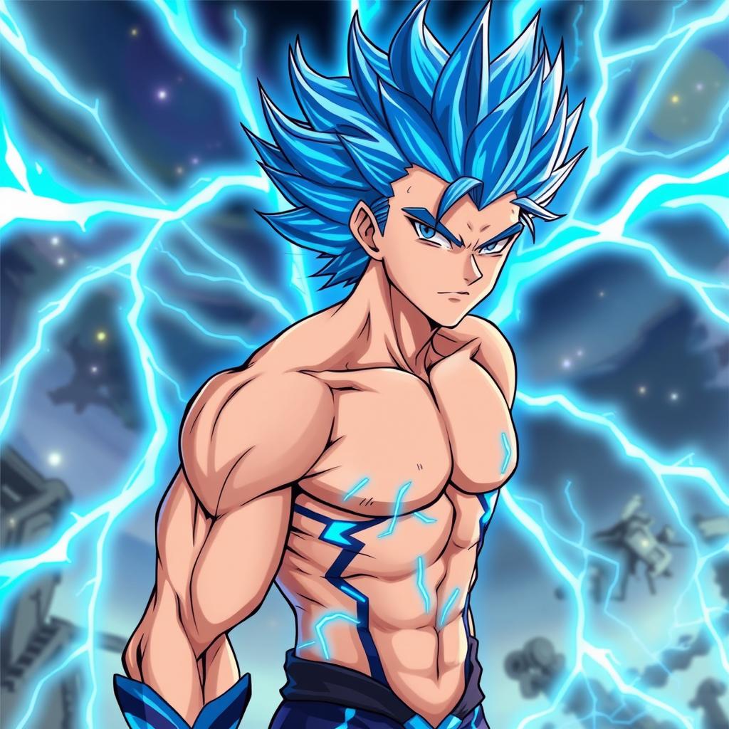 A slim, muscular man with striking blue electric spiky hair, exuding a vibrant aura of blue energy that symbolizes ultra power