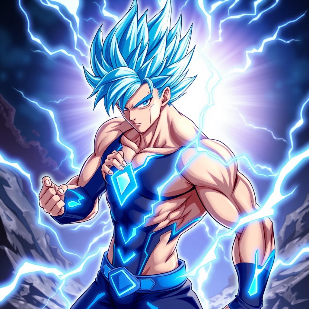 A slim, muscular man with striking blue electric spiky hair, exuding a vibrant aura of blue energy that symbolizes ultra power