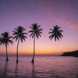 A sunset over a calm ocean, with silhouettes of tropical palm trees at the shoreline. The sky is ablaze with the colors of dusk: shades of pink, orange, and violet creating a stunning contrast against the darkening blue.