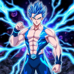 A slim, muscular man with striking blue electric spiky hair, exuding a vibrant aura of blue energy that symbolizes ultra power