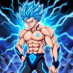 A slim, muscular man with striking blue electric spiky hair, exuding a vibrant aura of blue energy that symbolizes ultra power