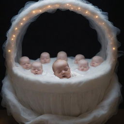 A multitude of ethereal ghosts swirling protectively around a peacefully sleeping baby in a cradle, warding off unseen threats with a divine glow