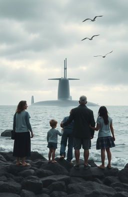 A poignant scene depicting a harmonious family standing on a rocky shoreline, looking out towards the ocean with expressions of longing and sadness