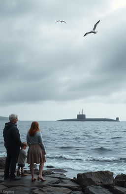 A poignant scene depicting a harmonious family standing on a rocky shoreline, looking out towards the ocean with expressions of longing and sadness