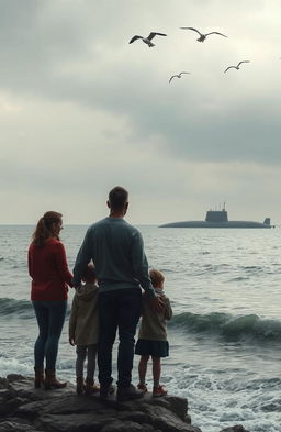 A poignant scene depicting a harmonious family standing on a rocky shoreline, looking out towards the ocean with expressions of longing and sadness