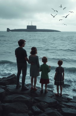 A poignant scene depicting a harmonious family standing on a rocky shoreline, looking out towards the ocean with expressions of longing and sadness